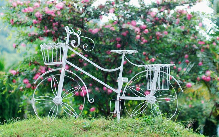 цветы, трава, листья, фон, колеса, корзина, велосипед, flowers, grass, leaves, background, wheel, basket, bike