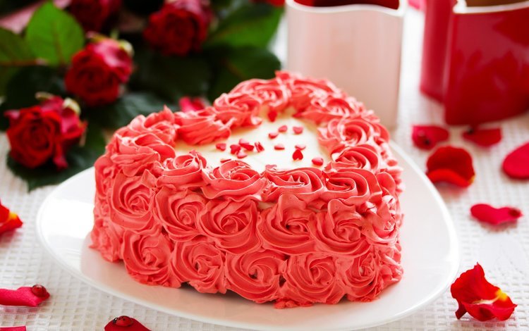 цветы, праздничный торт, бутоны, в форме сердца, розы, лепестки, сладкое, десерт, торт в виде сердца, торт-сердце, flowers, birthday cake, buds, roses, petals, sweet, dessert, a cake in the shape of a heart, cake-heart