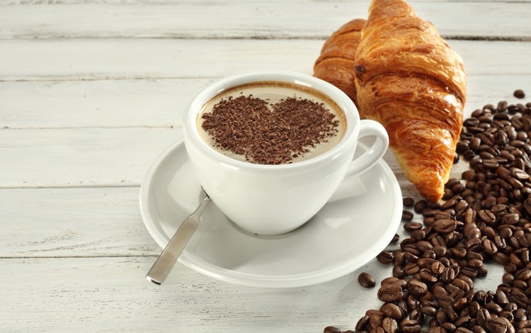 кофе, блюдце, чашка, кофейные зерна, круассан, круассаны, coffee, saucer, cup, coffee beans, croissant, croissants