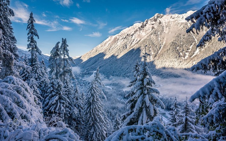 небо, деревья, горы, снег, лес, зима, the sky, trees, mountains, snow, forest, winter