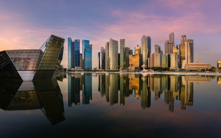 вода, отражение, небоскребы, сингапур, марина бей, water, reflection, skyscrapers, singapore, marina bay