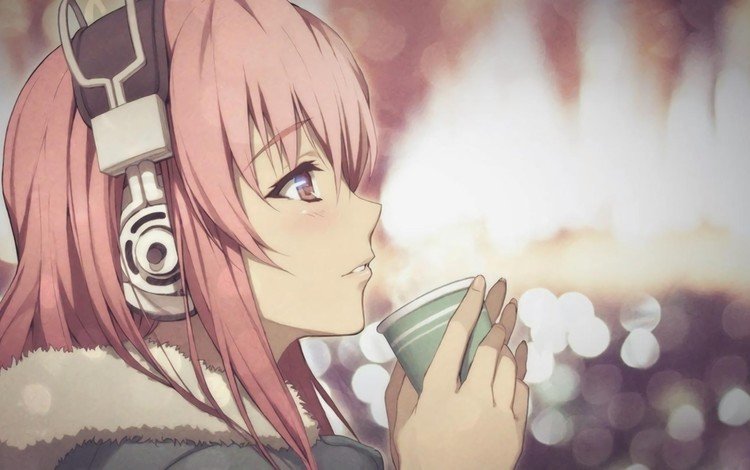 девушка, аниме, наушники, кружка, чай, girl, anime, headphones, mug, tea