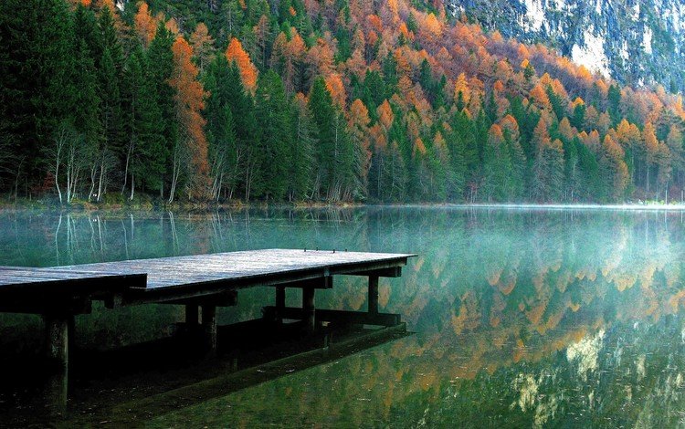 деревья, озеро, река, природа, отражение, утро, осень, пирс, trees, lake, river, nature, reflection, morning, autumn, pierce