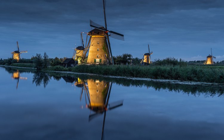 река, отражение, пейзаж, канал, мельницы, ветряная мельница, голландия, киндердейк, river, reflection, landscape, channel, mill, windmill, holland, kinderdijk