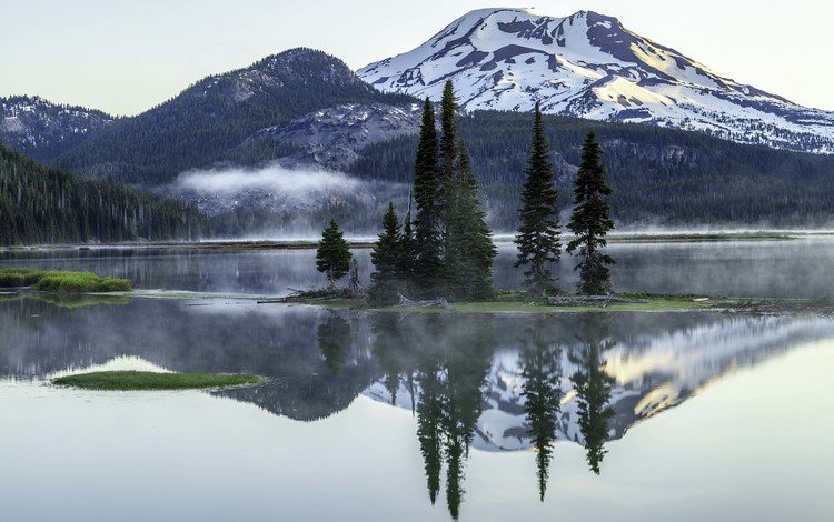 озеро, горы, отражение, пейзаж, туман, орегон, sparks lake, deschutes county, lake, mountains, reflection, landscape, fog, oregon