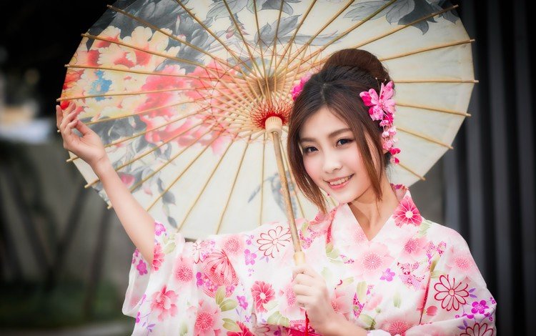 улыбка, взгляд, волосы, зонтик, кимоно, японка, азиатка, smile, look, hair, umbrella, kimono, japanese, asian