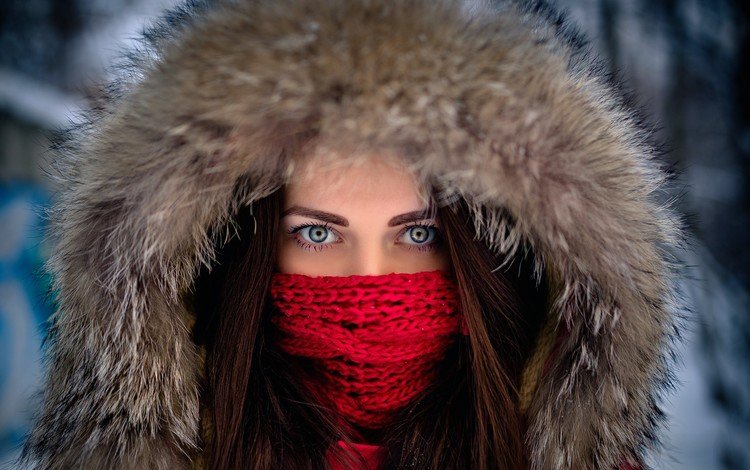 глаза, капюшон, зима, шарф, девушка, портрет, взгляд, модель, лицо, мех, eyes, hood, winter, scarf, girl, portrait, look, model, face, fur