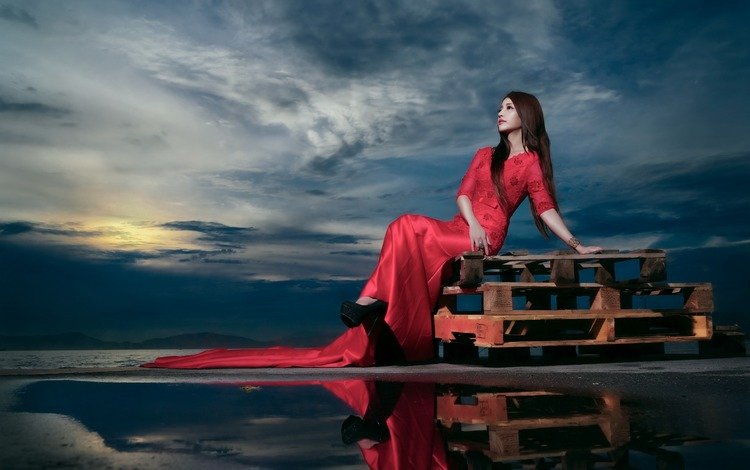 девушка, отражение, фон, поза, красное платье, girl, reflection, background, pose, red dress