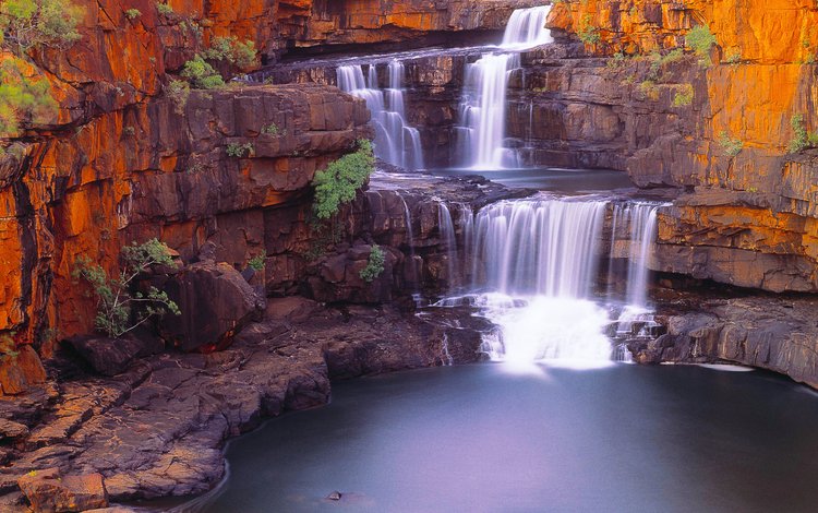 река, скалы, природа, пейзаж, скала, водопад, австралия, кустарники, river, rocks, nature, landscape, rock, waterfall, australia, shrubs