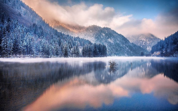 озеро, горы, природа, лес, зима, lake, mountains, nature, forest, winter