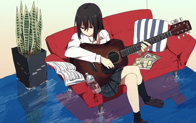 вода, девушка, гитара, взгляд, аниме, волосы, лицо, диван, water, girl, guitar, look, anime, hair, face, sofa