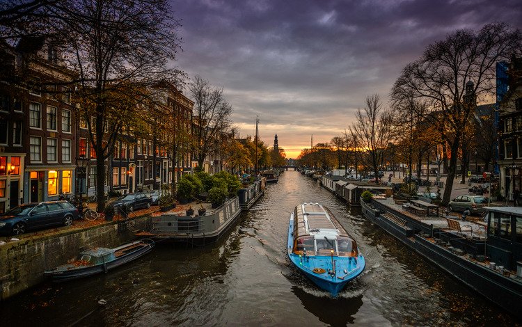 вечер, город, лодки, канал, нидерланды, амстердам, the evening, the city, boats, channel, netherlands, amsterdam
