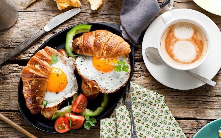 кофе, завтрак, помидор, ложка, круассаны, яичница, coffee, breakfast, tomato, spoon, croissants, scrambled eggs