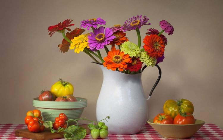 цветы, букет, овощи, кувшин, помидоры, натюрморт, цинния, flowers, bouquet, vegetables, pitcher, tomatoes, still life, zinnia
