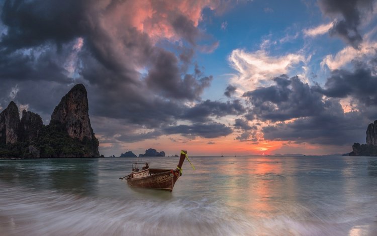 облака, скалы, море, лодка, зарево, таиланд, краби, clouds, rocks, sea, boat, glow, thailand, krabi