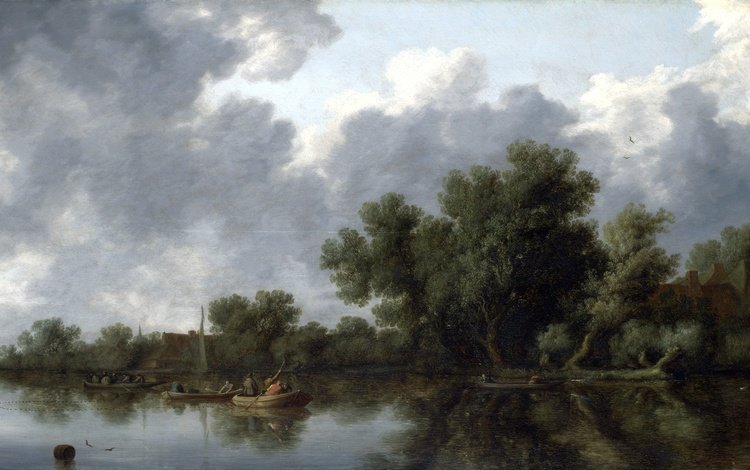 картина, пейзаж, лодка, речная сцена, salomon van ruysdael, саломон ван рёйсдал, picture, landscape, boat, river scene, salomon van ruisdael