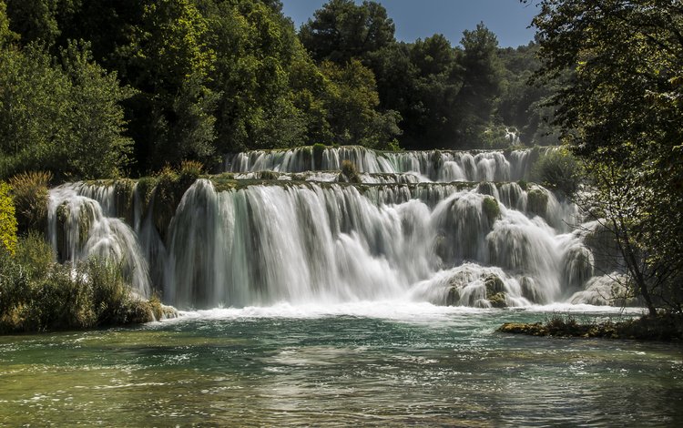 деревья, река, лес, водопад, хорватия, солнечно, krka national park, trees, river, forest, waterfall, croatia, sunny