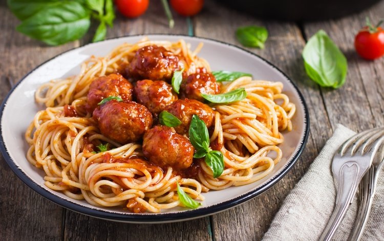 зелень, мясо, помидоры, спагетти, базилик, паста, фрикадельки, greens, meat, tomatoes, spaghetti, basil, pasta, meatballs