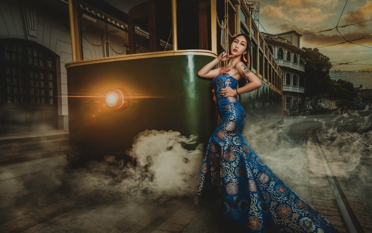 стиль, платье, поза, трамвай, фигура, азиатка, style, dress, pose, tram, figure, asian