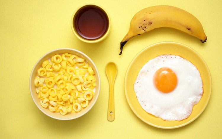 кофе, чашка, завтрак, банан, ложка, яйцо, хлопья, глазунья, coffee, cup, breakfast, banana, spoon, egg, cereal, eggs