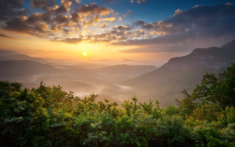 небо, облака, деревья, горы, солнце, лес, закат, the sky, clouds, trees, mountains, the sun, forest, sunset