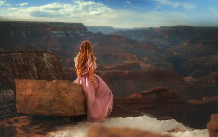 небо, tj drysdale, большой каньон, девушка, утро, каньон, модель, камень, рыжеволосая, розовое платье, the sky, the grand canyon, girl, morning, canyon, model, stone, redhead, pink dress