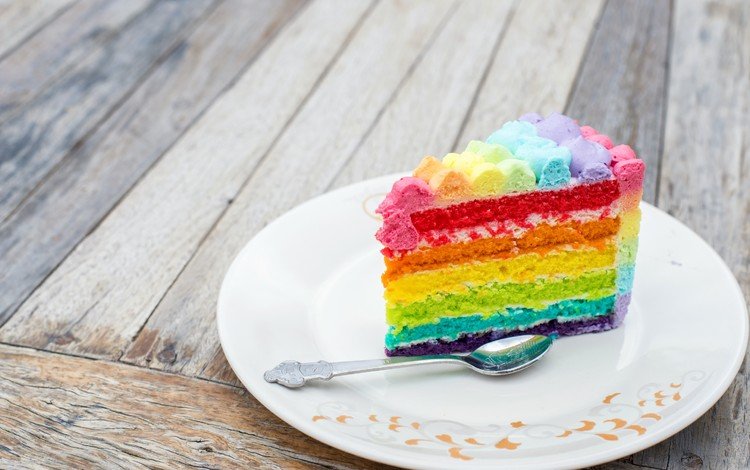 радуга, разноцветный, тарелка, торт, ложка, кусок, слои, rainbow, colorful, plate, cake, spoon, piece, layers