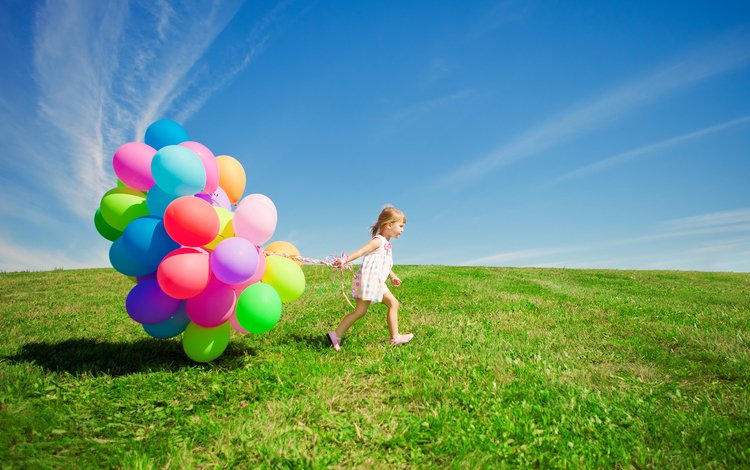 небо, трава, облака, настроение, поле, девочка, ребенок, воздушные шарики, the sky, grass, clouds, mood, field, girl, child, balloons