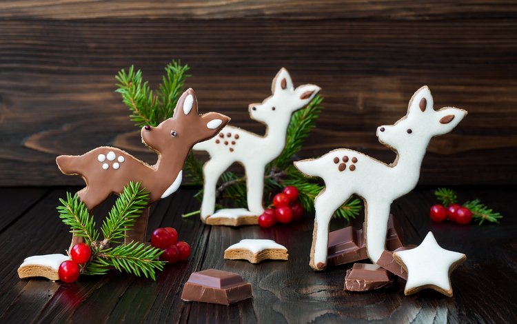 ветка, елка, олени, рождество, шоколад, сладкое, печенье, branch, tree, deer, christmas, chocolate, sweet, cookies