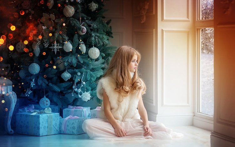 новый год, рождество, елка, коробки, зима, подарки, девочка, комната, окно, праздник, new year, christmas, tree, box, winter, gifts, girl, room, window, holiday