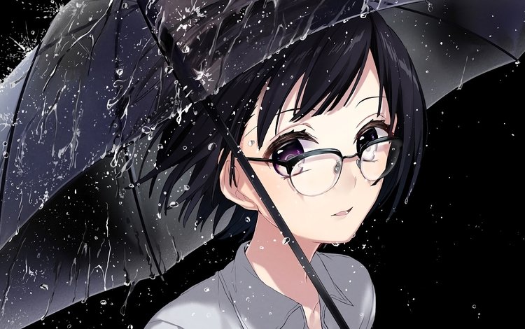 очки, дождь, зонтик, короткие волосы, аниме девочка, meganekko, glasses, rain, umbrella, short hair, anime girl