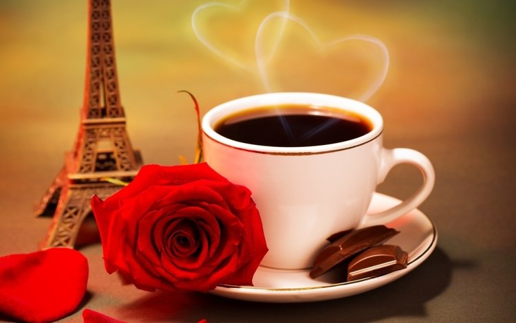 розы, кофе, сердце, блюдце, чашка, шоколад, эйфелева башня, roses, coffee, heart, saucer, cup, chocolate, eiffel tower
