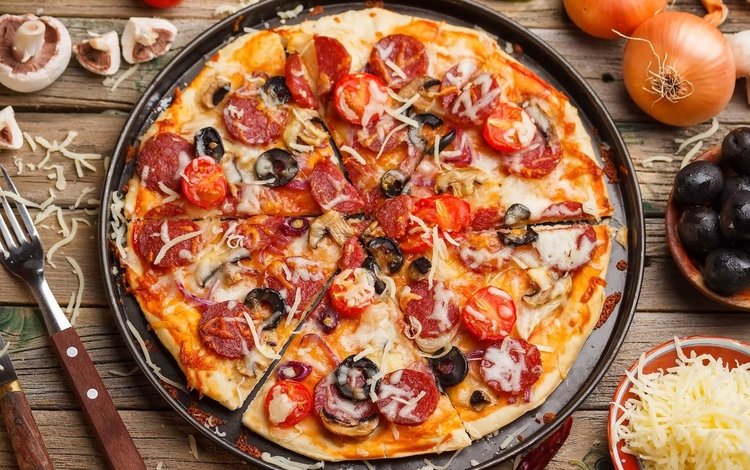 грибы, лук, сыр, овощи, помидоры, пицца, начинка, маслины, mushrooms, bow, cheese, vegetables, tomatoes, pizza, filling, olives