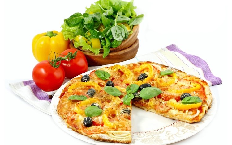зелень, белый фон, овощи, тарелка, выпечка, помидоры, перец, пицца, greens, white background, vegetables, plate, cakes, tomatoes, pepper, pizza