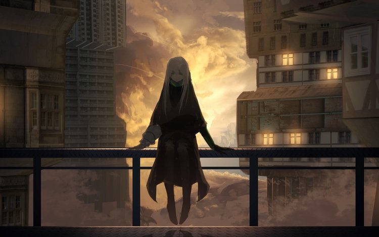 облака, здания, velvet assassin, аниме девочка, clouds, building, anime girl