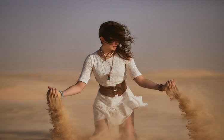 девушка, песок, пустыня, модель, белое платье, girl, sand, desert, model, white dress