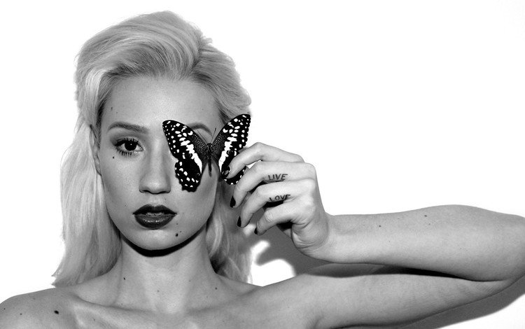 бабочка, чёрно-белое, модель, лицо, фотосессия, игги азалия, butterfly, black and white, model, face, photoshoot, iggy azalea