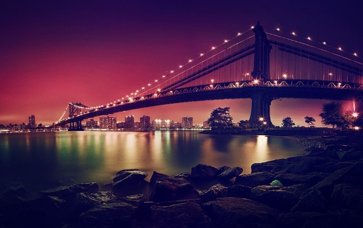 ночь, мост, город, нью-йорк, манхэттен, бруклинский мост, бруклин, висячий мост, night, bridge, the city, new york, manhattan, brooklyn bridge, brooklyn, suspension bridge
