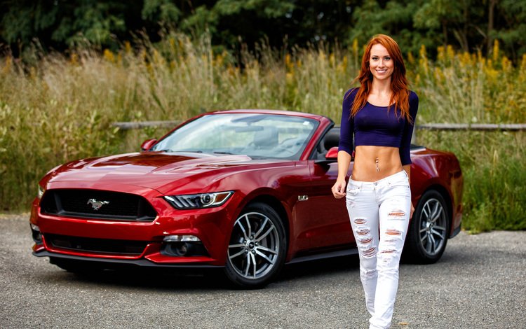 девушка, ford mustang, улыбка, взгляд, рыжая, волосы, лицо, живот, форд, girl, smile, look, red, hair, face, belly, ford