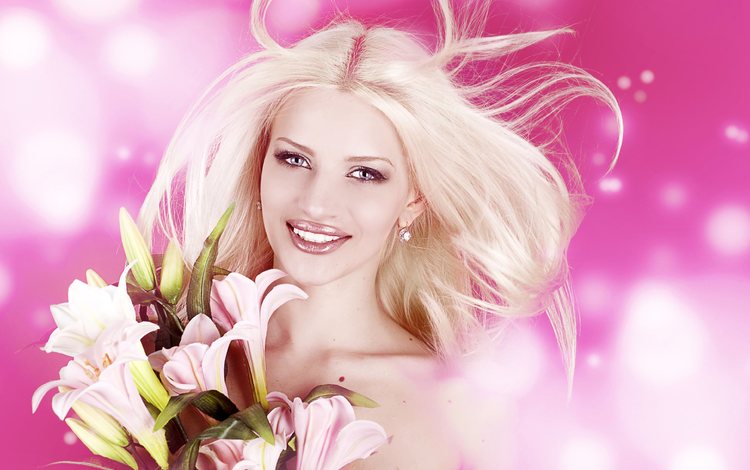 цветы, девушка, блондинка, улыбка, модель, губы, лилии, боке, flowers, girl, blonde, smile, model, lips, lily, bokeh