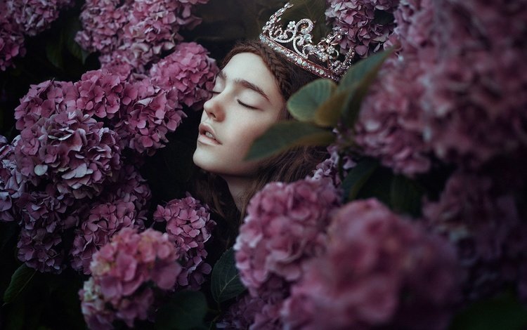 цветы, девушка, настроение, лицо, корона, закрытые глаза, гортензия, bella kotak, flowers, girl, mood, face, crown, closed eyes, hydrangea