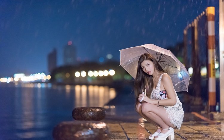 девушка, город, взгляд, набережная, дождь, волосы, зонт, лицо, girl, the city, look, promenade, rain, hair, umbrella, face