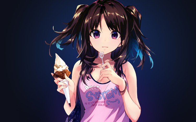 девушка, мороженое, взгляд, аниме, волосы, лицо, girl, ice cream, look, anime, hair, face