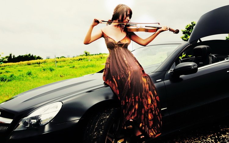 девушка, скрипка, музыка, автомобиль, мерседес-бенц, girl, violin, music, car, mercedes-benz