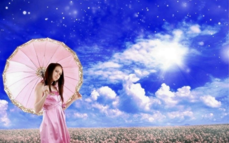 небо, цветы, облака, девушка, поле, весна, зонт, the sky, flowers, clouds, girl, field, spring, umbrella