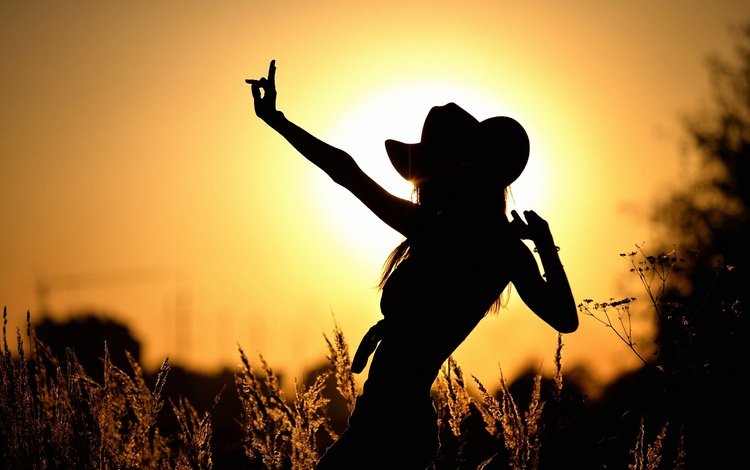 трава, солнце, закат, девушка, колоски, силуэт, шляпа, grass, the sun, sunset, girl, spikelets, silhouette, hat