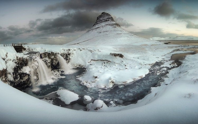 река, снег, зима, гора, исландия, водопады, river, snow, winter, mountain, iceland, waterfalls