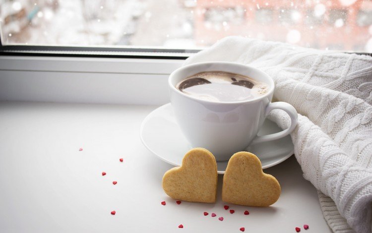 кофе, чашка, сердечки, печенье, coffee, cup, hearts, cookies