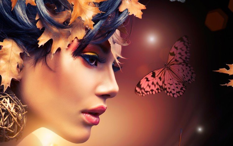 абстракция, листья, девушка, бабочка, профиль, лицо, макияж, abstraction, leaves, girl, butterfly, profile, face, makeup