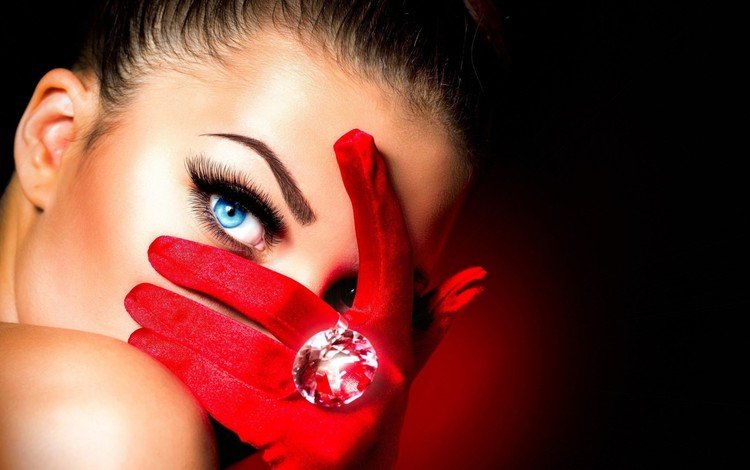 девушка, лоб, взгляд, кольцо, макияж, украшение, крупно, красивые глаза, красные перчатки, girl, look, ring, makeup, decoration, large, beautiful eyes, red gloves